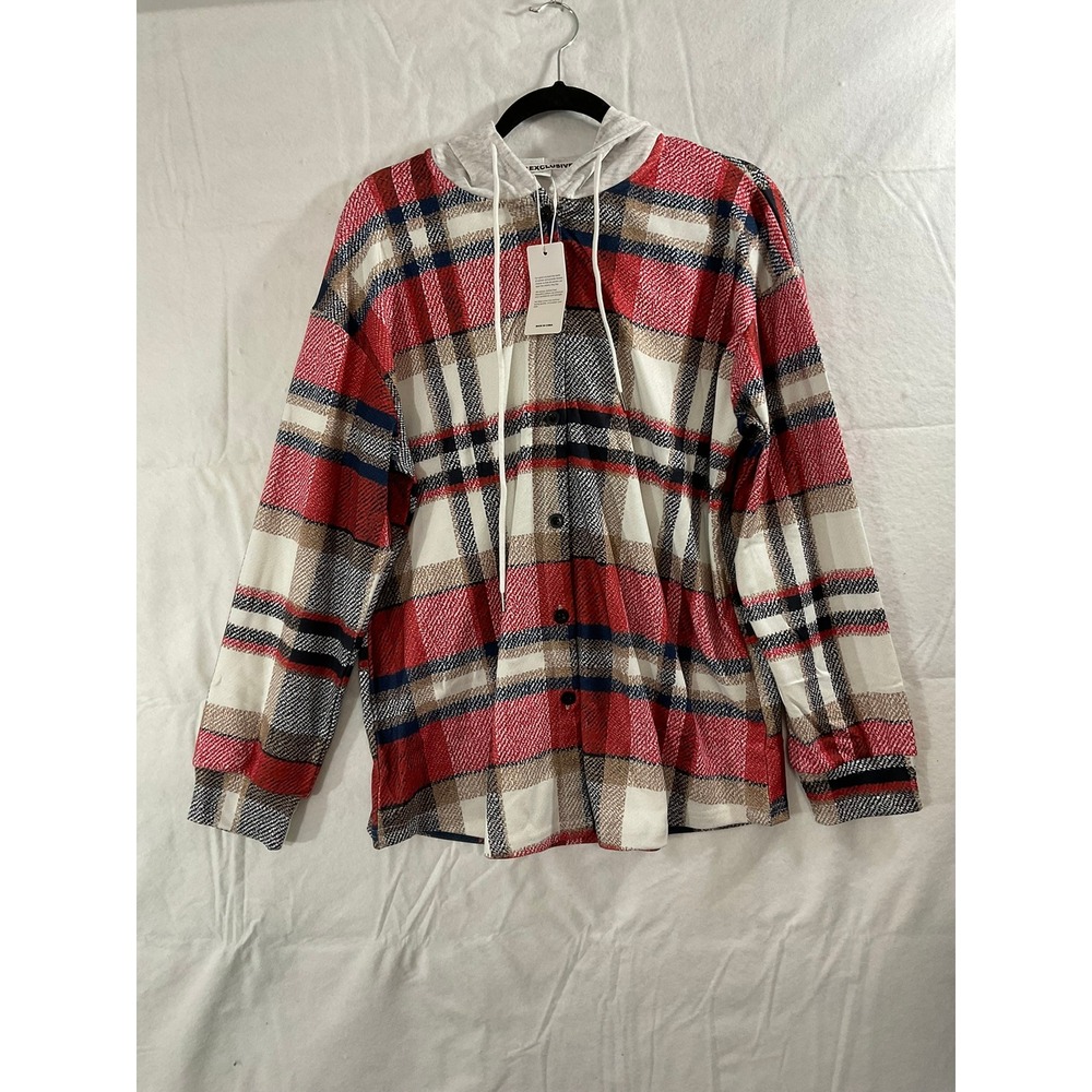 Exclusive Plaid Hooded Shirt Women Large Red White New Checkered Button Up Hoody